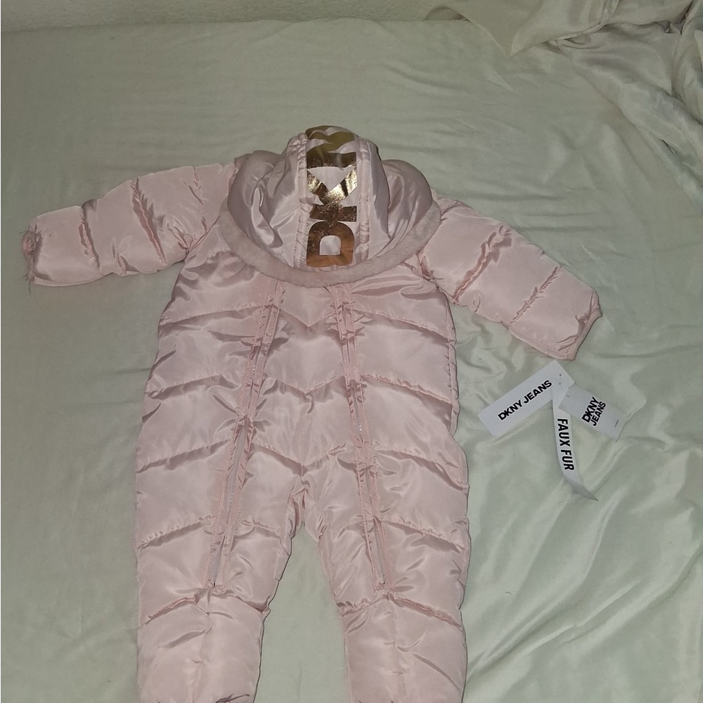 DKNY Pink Puffer Footie with Gold Logo
